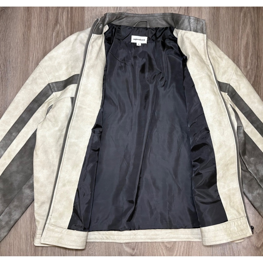Superdown Womens Moto Jacket Grey Cream Distressed Faux Leather Racer Size M - Picture 7 of 14